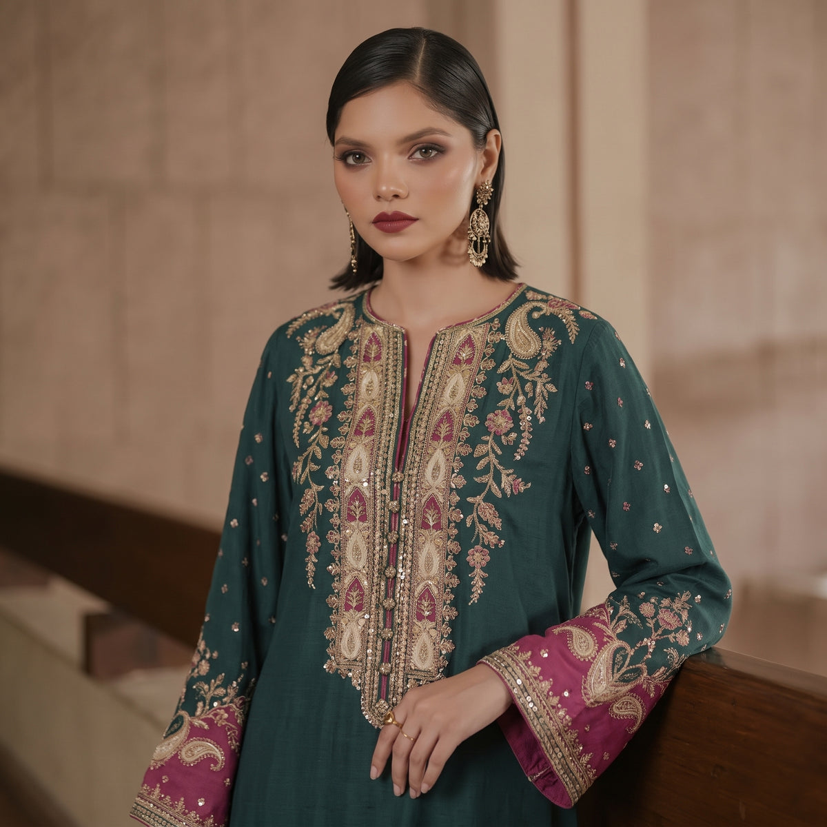 Luxury Kaftan Silk 2-Piece – Heavy Embroidered